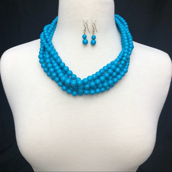 Bright Aqua Blue Beaded Necklace Earrings Set - Picture 3 of 5